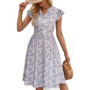 Women Casual Dress Cute Summer Floral Fit and Flare Cap Sleeve Dress with Pocket